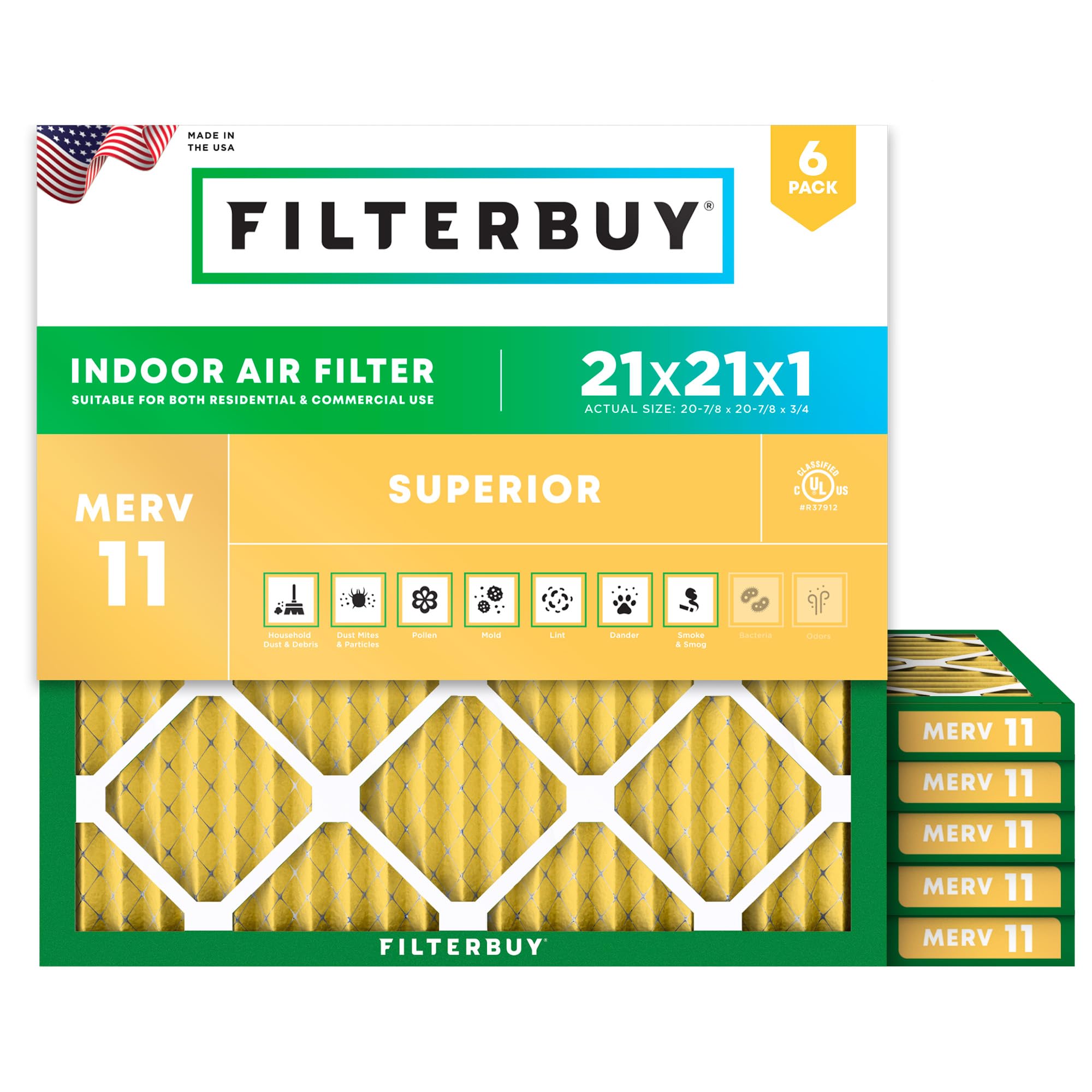 Filterbuy 21x21x1 Air Filter MERV 11 Allergen Defense (6-Pack), Pleated HVAC AC Furnace Air Filters Replacement (Actual Size: 20.88 x 20.88 x 0.75 Inches)