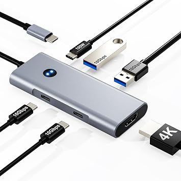 USB C Hub 6-in-1 with 4K@60Hz HDMI, 2 USB-C & 2 USB-A 10Gbps Ports, Privacy Button, 100W PD Dual USB C Dongle for Mac Laptops, Tablets, Windows Laptops, and More USB-C Devices