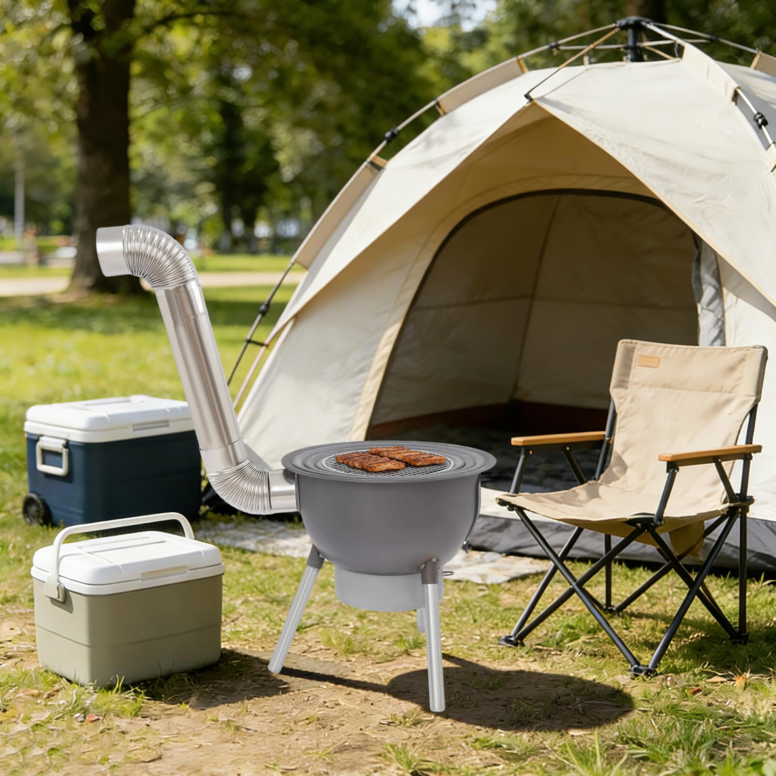 Estufa de leña multifunción con parrilla, 48 x 52 cm | 3 anillos de wok y capacidad de carga de 150 kg, acero y acero inoxidable, negro, para camping, jardín y picnic al aire libre