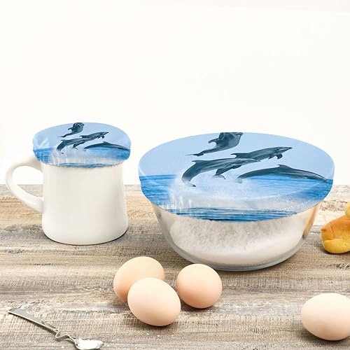 Miniatura 5 de Sea Dolphins - 5 tapas elásticas de tela reutilizables para tazones, tazas, platos, ollas y sartenes