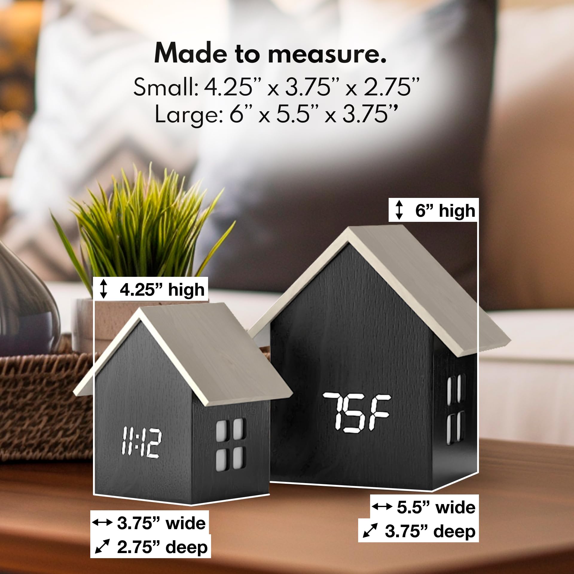 Driini Reloj despertador digital en forma de casa con pantalla de temperatura (madera oscura), estética moderna con bonito marco de cubo y regulador de intensidad LED blanco, reloj de escritorio