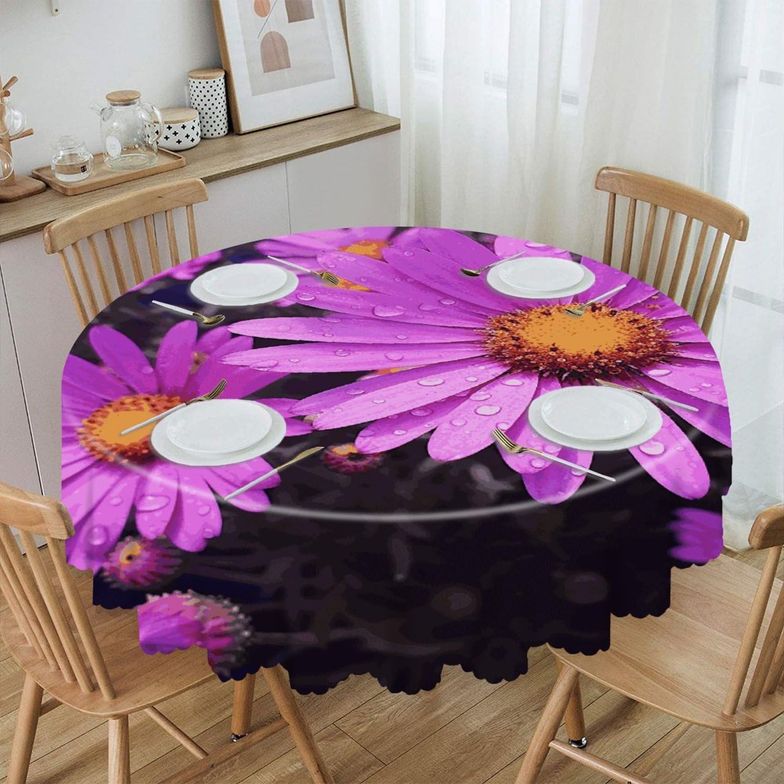 FekiLoot Summer Purple Flower Round Tablecloth 60 Inch Waterproof Heavy Duty Table Cloth Spillproof Washable Table Cover Wrinkle Resistant Tablecloths Decorative Table Cloths