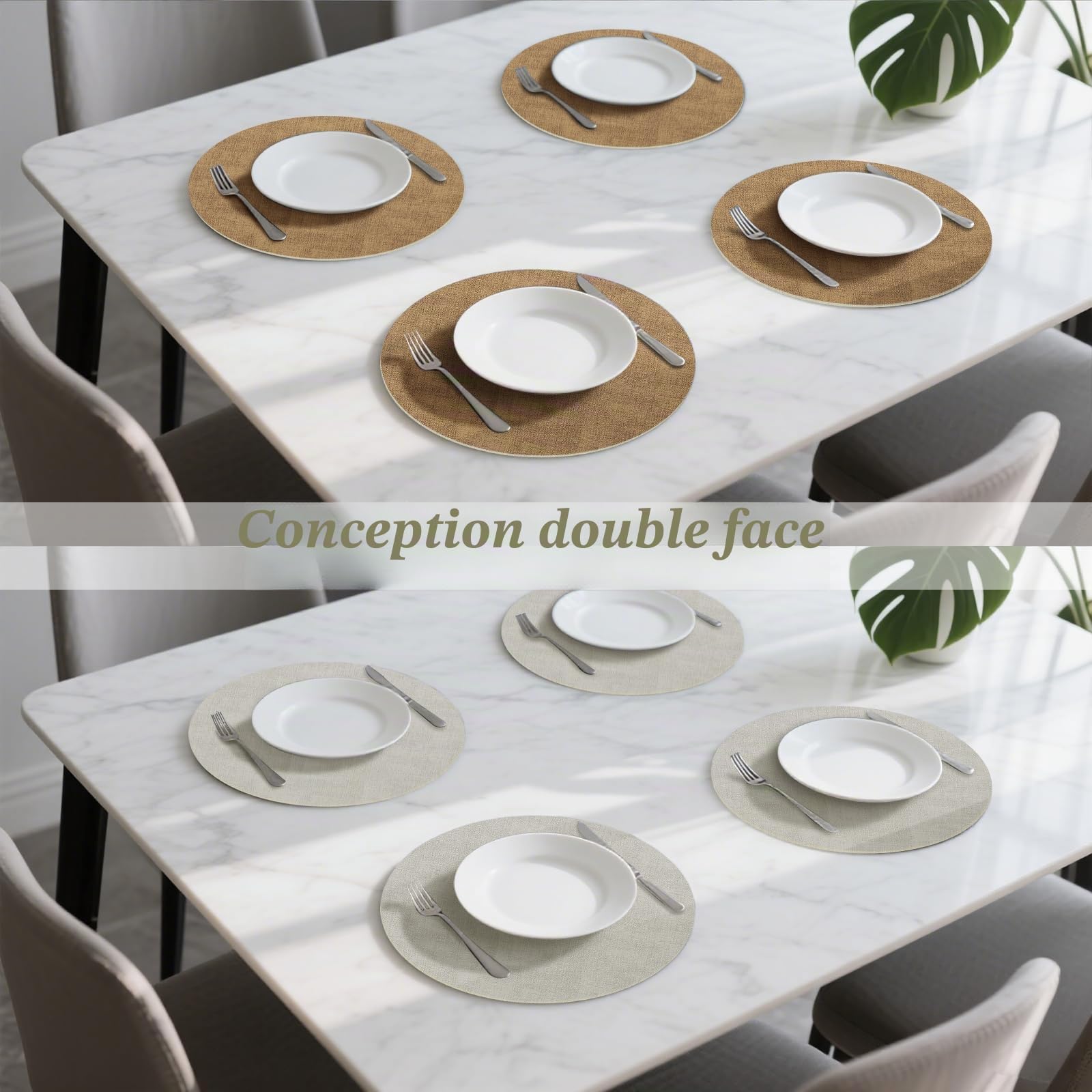 Lot de 6 Sets de Table Ronds en Cuir (38 cm) + 6 Dessous de Verre (10 cm), Résistants à la Chaleur, Antidérapants et Faciles à Nettoyer, Double Face pour Cuisine,Extérieur, (Crème/Beige)