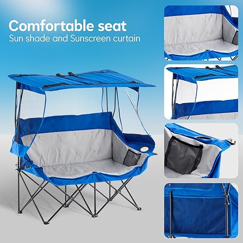 Miniatura 7 de Silla plegable doble con paraguas, sofá biplaza plegable para camping, silla de campamento doble con cortina portavasos, para barbacoa, pesca en la