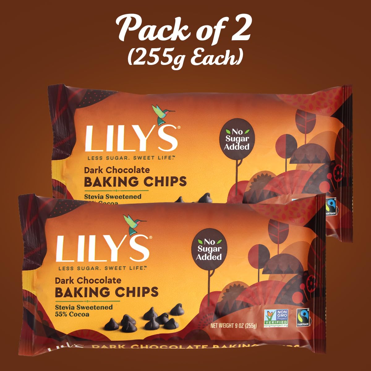 Sugar-Free Dark Chocolate Chips for Baking, 2 Bags of Lily's Baking Chips 9oz Each, Delicious Baking Chips Without the Sugar, Perfect Dark Chocolate Chips for Keto and Diabetic-Friendly Recipes