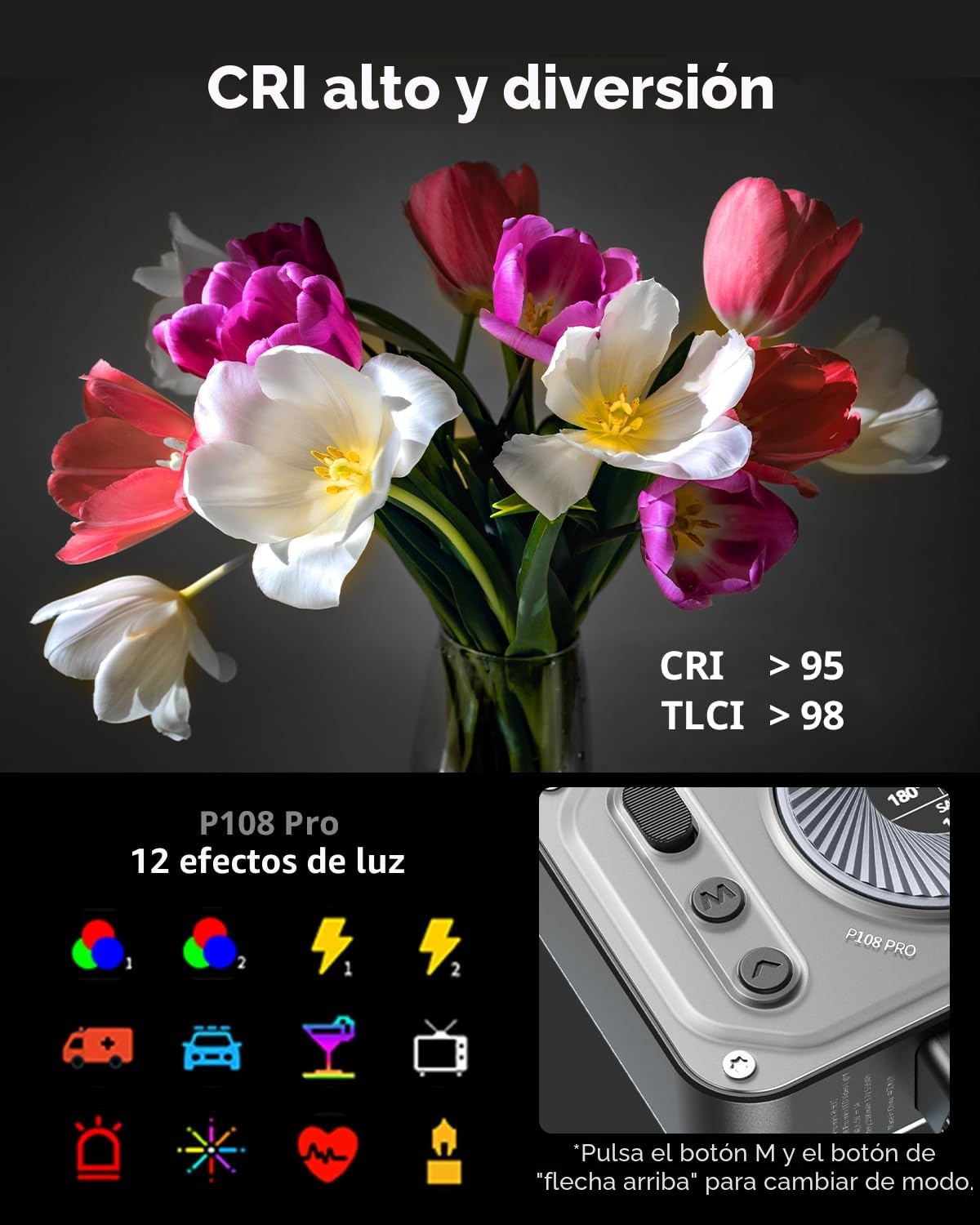 SMALLRIG Luz de Video RGB Vibe P108 Pro, Luz LED Portátil para Cámara para Fotografía, Luz de Zapata Fría, CRI95+, 2500-6500K, 12 Efectos, Accesorios de Luz de Relleno,Transmisión 4661