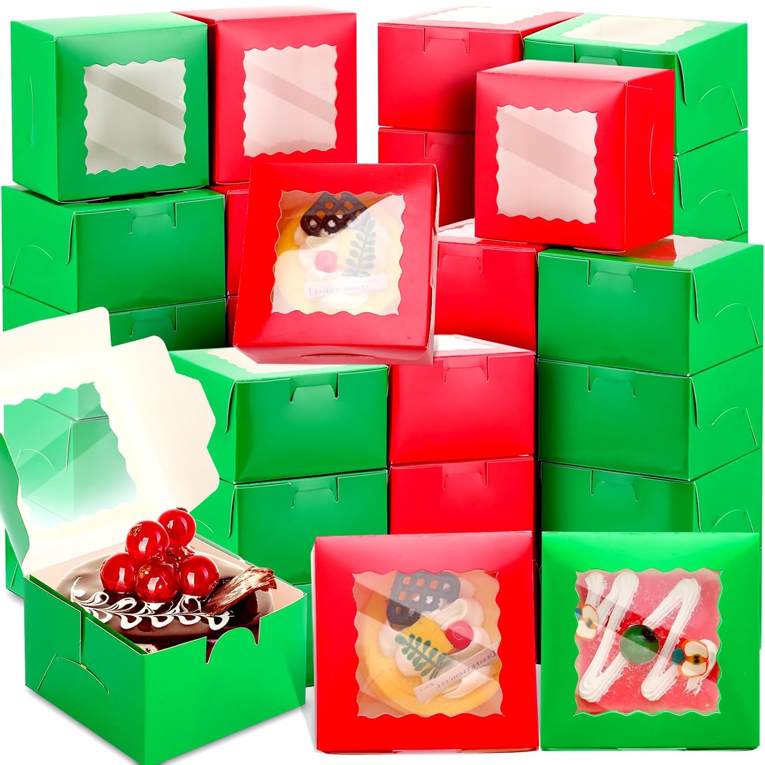 Cholemy 100 Pcs Christmas Bakery Boxes with Window 6 x 6 x 3 Inches Cookie Boxes for