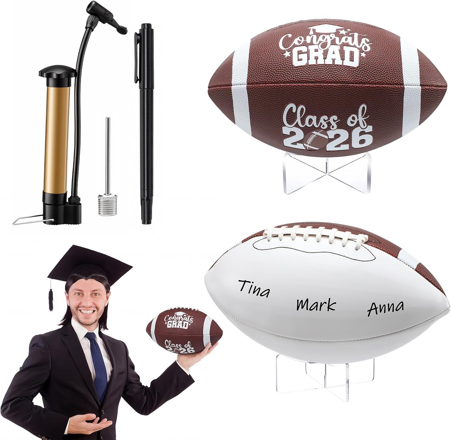 Seematn Autograph Printed Football with Acrylic Stand and Signature Pen Pump Thanks Football Coach Gift Set Two Panels Signature Official Size Coach Gifts for School College Graduation