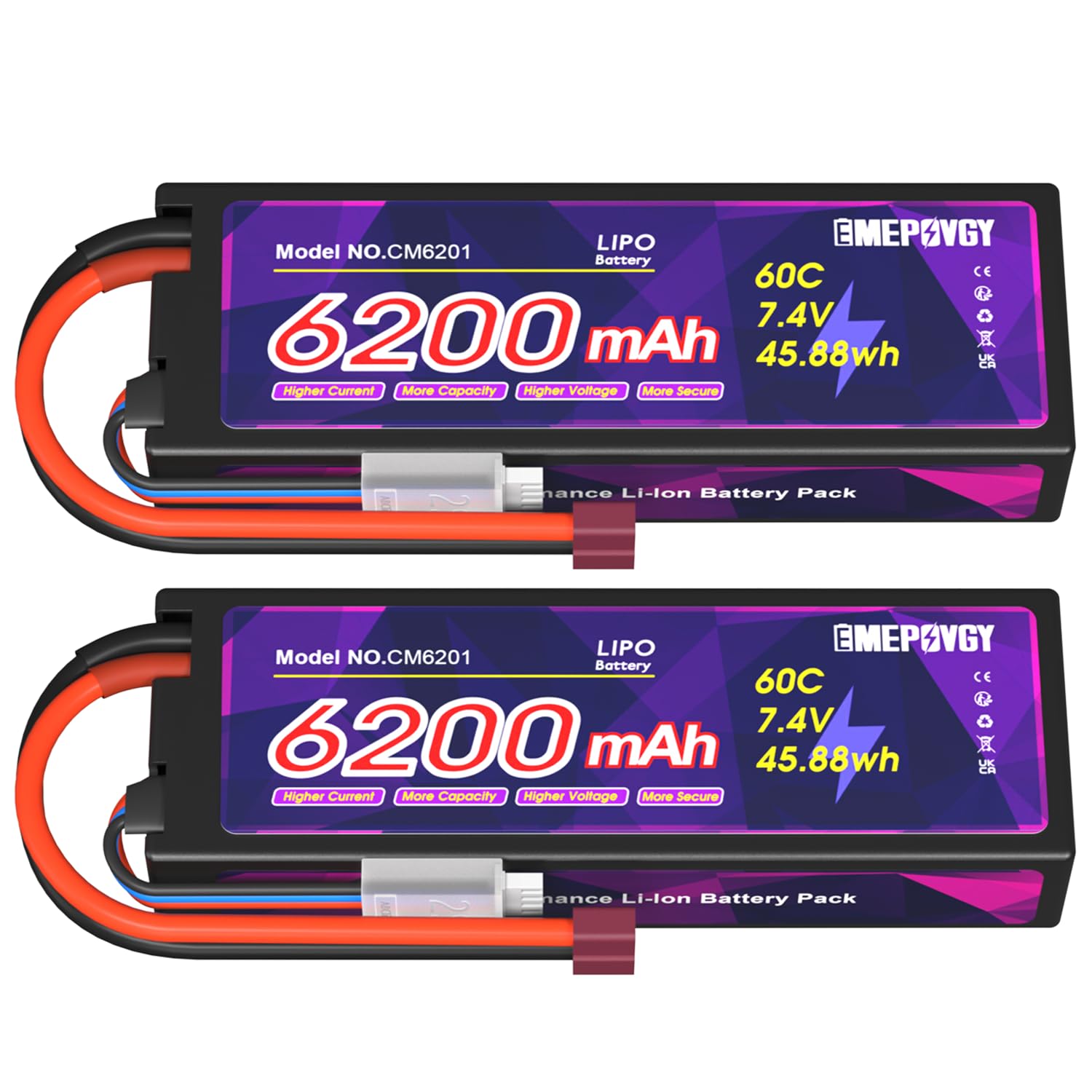OVONIC 2S Lipo 6200mAh 50C 7.4V – Étui Rigide – Connecteur T – Pour RC Avion, Voiture, Bateau – Lot De 2