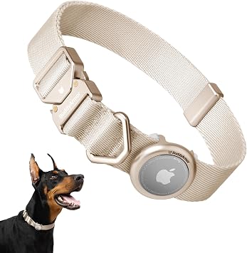 Dog Airtag Collar Adjustable Soft Nylon Lightweight Dog Collar Quick Release with Alloy Buckle, Airtag Holder Case Airtag Dog Collar for Medium Large Dogs Linen, M