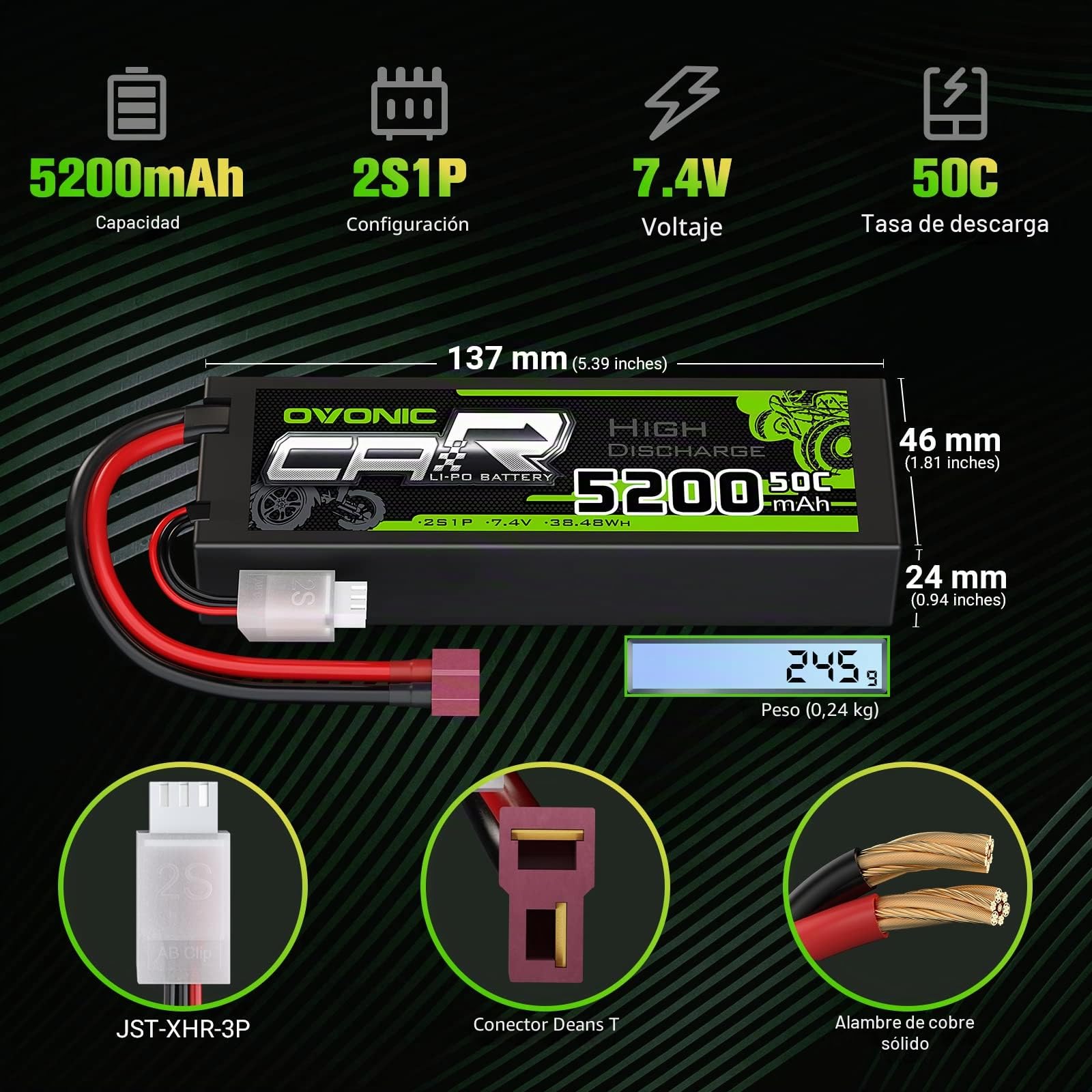 OVONIC Batería Lipo 2s 7,4 V 50 C 5200 mAh con conector T Deans Style para RC Car Truck (2 unidades)
