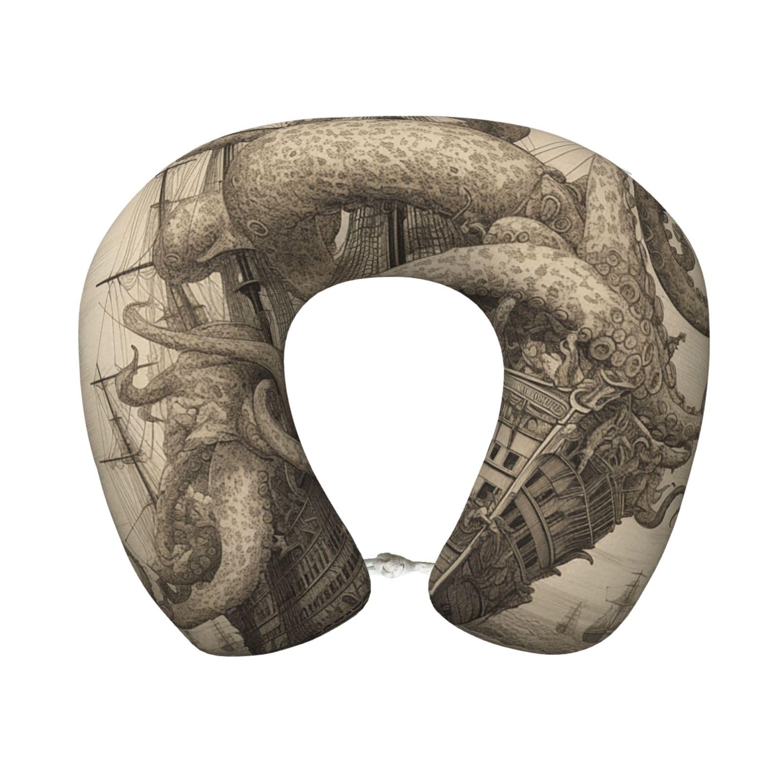FodPand Travel Pillow Sailing Pirate Octopus Neck Rest Soft Comfortable Travel Neck Pillow U-Shaped Memory Foam Sleeping Rest Cushion Travel Accessories for Airplane Car and Office