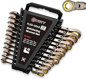 WETT Flex-Head Ratcheting Wrench Set, 12-Piece 180° Metric Ratchet ...