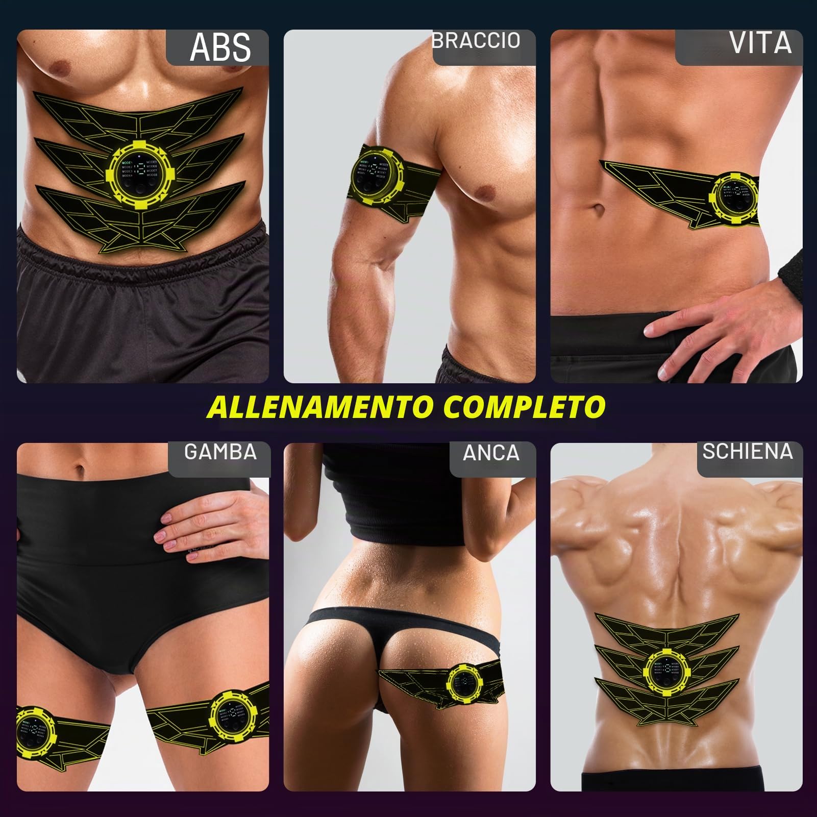 Elettrostimolatore Muscolare Addominali, Elettrostimolatore per Addominali, Elettrostimolatore per Un Allenamento a Tutto Corpo, 8 modalità e 15 Intensità, 10 Ricambi di Idrogel （Giallo）