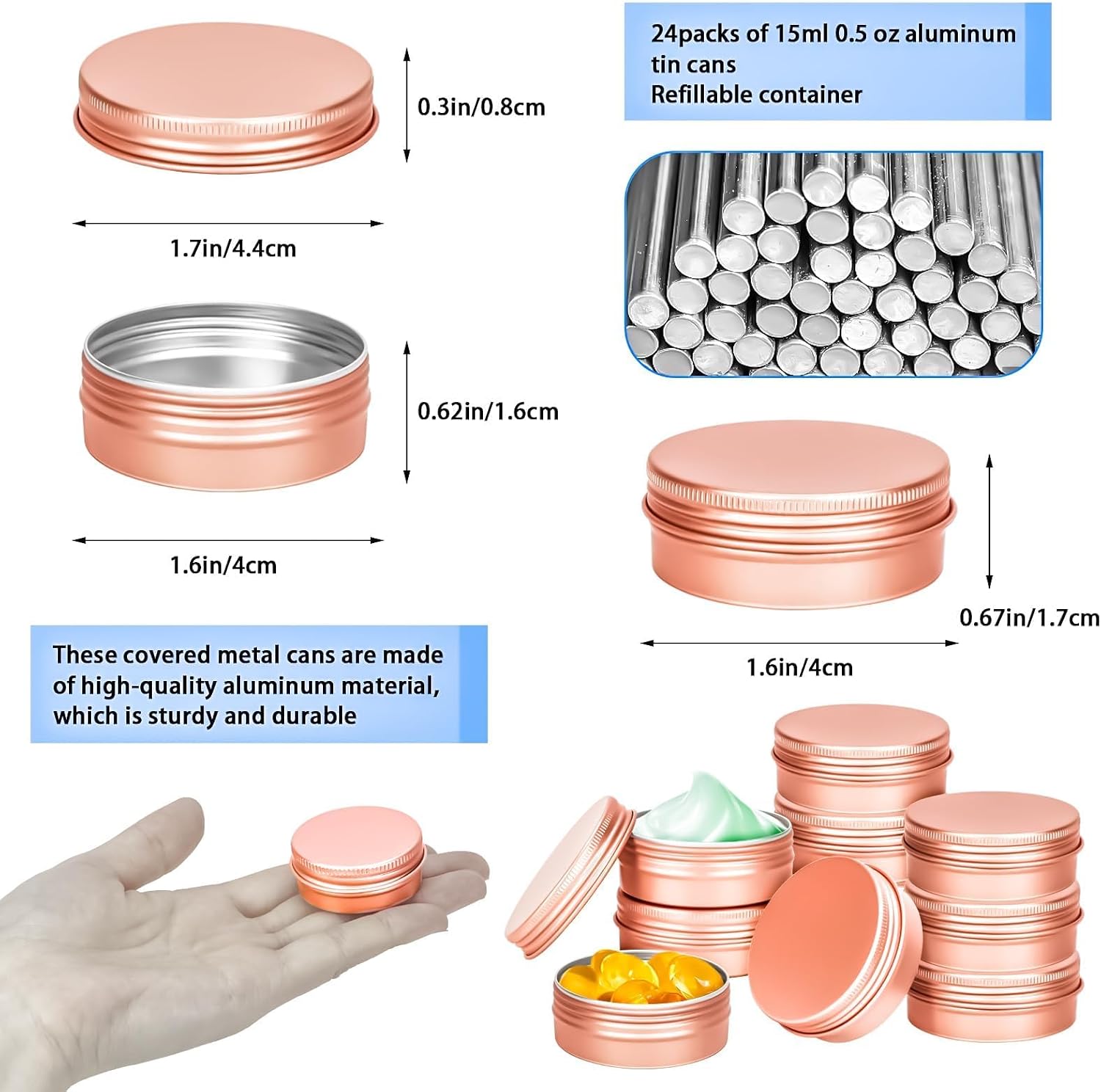 24 Pack 0.5oz Tin Jars, 15ml Metal Tin cans, 1/2 Ounce Aluminum tin can jar Containers with Lid for Lotion Bars, Spices, Salve, Beard Balm, Balms, Toiletries, Creams, Samples, Makeup Cosmetic