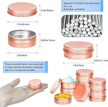 24 Pack 0.5oz Tin Jars, 15ml Metal Tin cans, 1/2 Ounce Aluminum tin can jar Containers with Lid for Lotion Bars, Spices, Salve, Beard Balm, Balms, Toiletries, Creams, Samples, Makeup Cosmetic