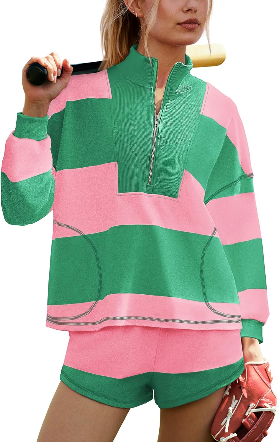 ReachMe Womens Striped Workout Sets 2 Piece Fall Outfits Matching Lounge Sets Long Sleeve Tops and Shorts with Pockets