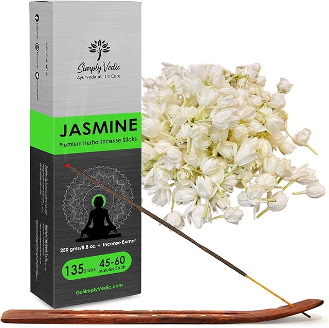 Simply Vedic Jasmine Incense Sticks 250-Grams (Approx 135 Premium Incense Stick + Incense Holder)| Lasts 60-Minutes, Ideal for Meditation, Yoga, Spiritual Healing, Prayers, Aromatherapy