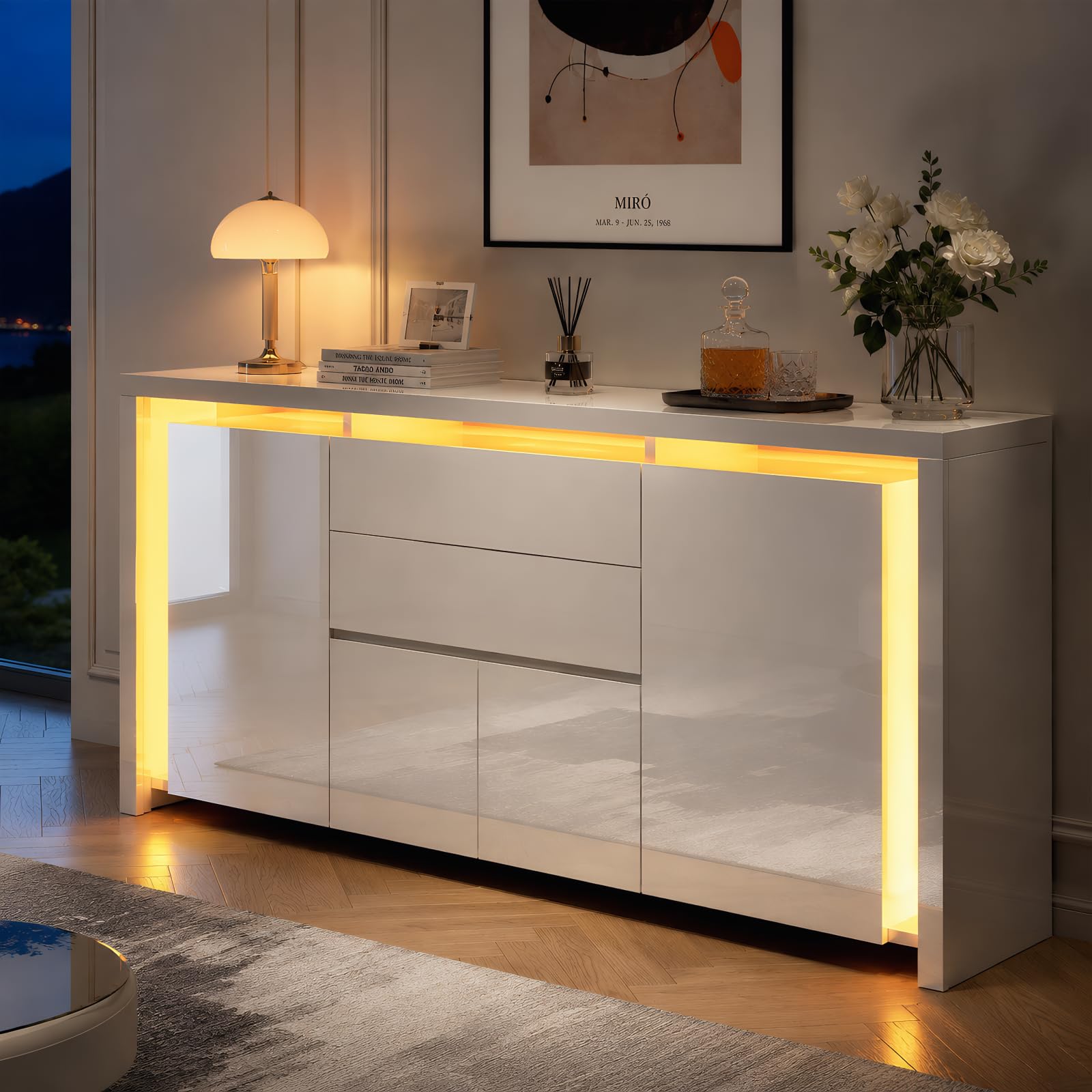 Kommode Weiß Hochglanz Mit LED Beleuchtung, Modernes Sideboard Mit 2 Schubladen Und 4 Schränken, Flurschrank Buffetschrank TV Schrank Wohnzimmerschrank Für Wohnzimmer, Schlafzimmer, Büros, Flur