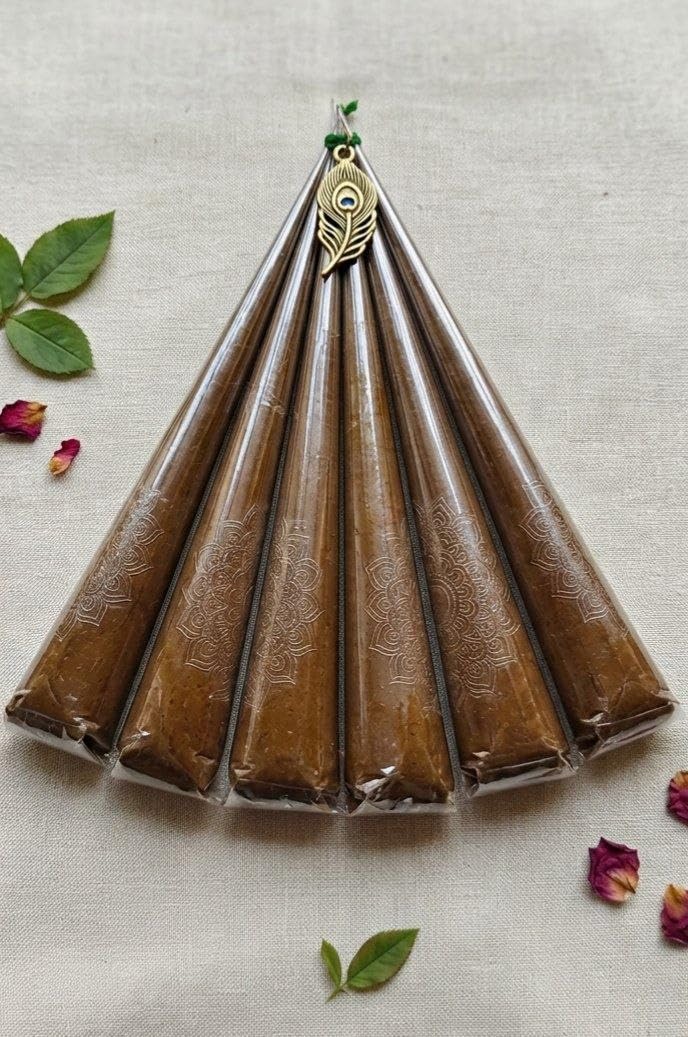 Natural Bridal Henna Mehendi Cones for Hands, Feet & Body | Chemical-Free Herbal Mehndi | Fine Detailing with Long Lasting Dark Red Brown Colour | Wedding & Festival Ready | Pack of 6-image-8