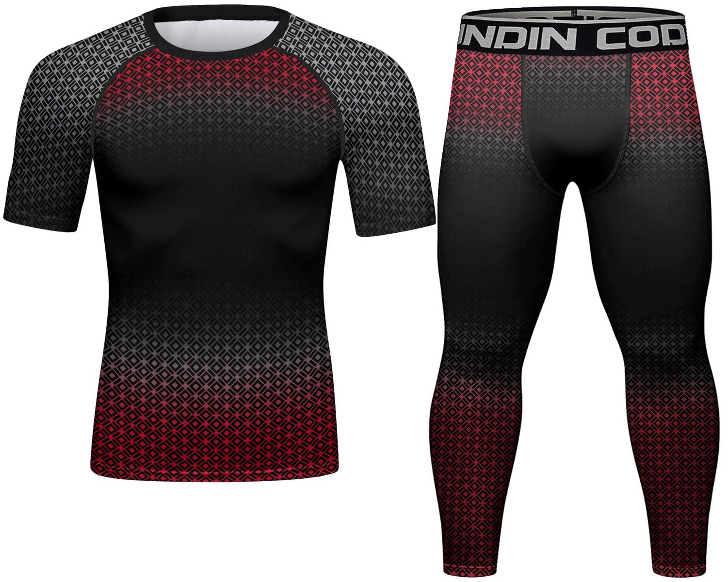Red Plume Men’s Workout Compression Short Sleeve Shirts & Base Layer Pants Set Fitness Running Suits Sports Top & Bottom Sets