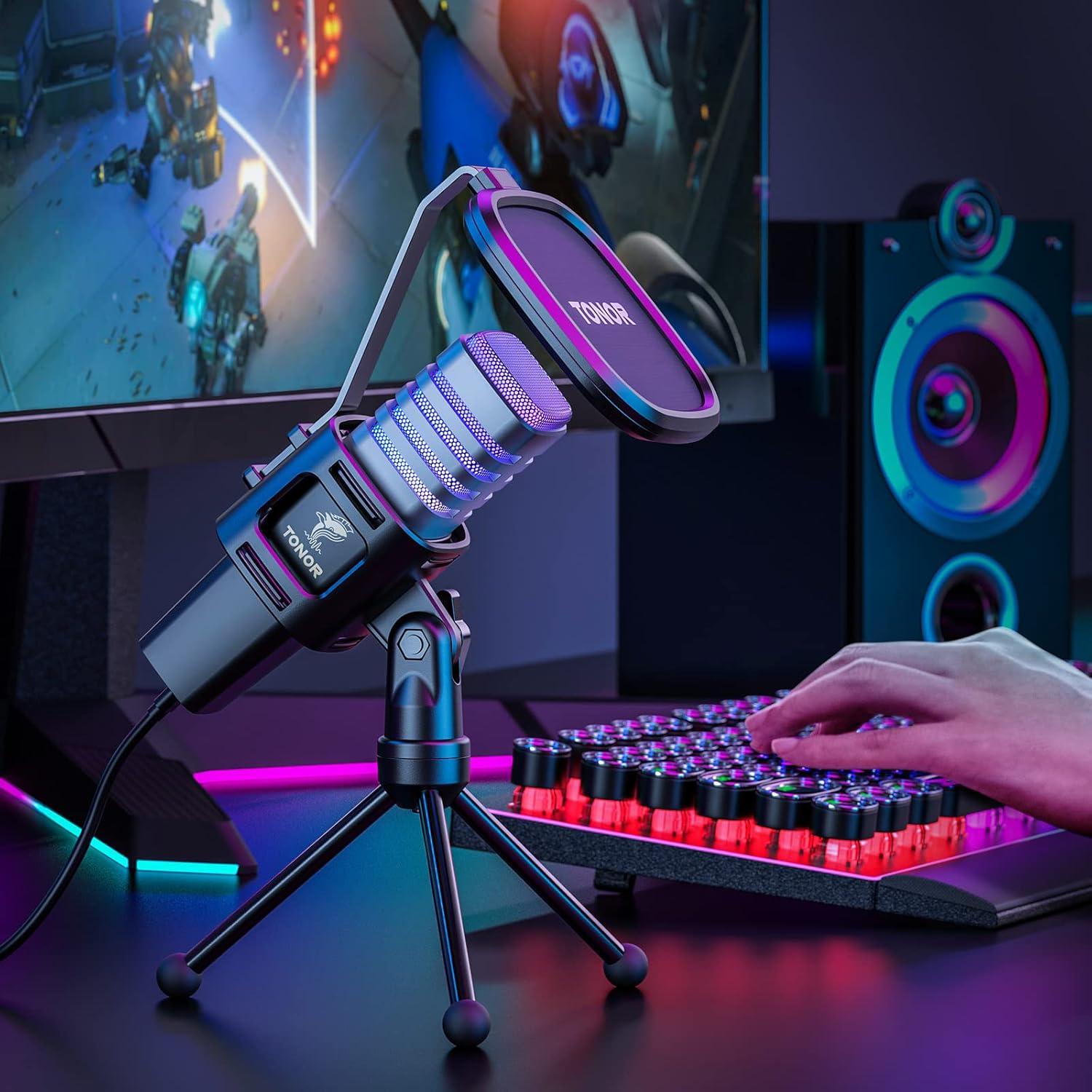 TONOR RGB USB Microphone, Cardioid Condenser Computer PC Mic with Tripod Stand, Pop Filter, Shock Mount for Gaming, Streaming, Podcasting, YouTube, Twitch, Compatible with Laptop Desktop,TC30 with RGB 19