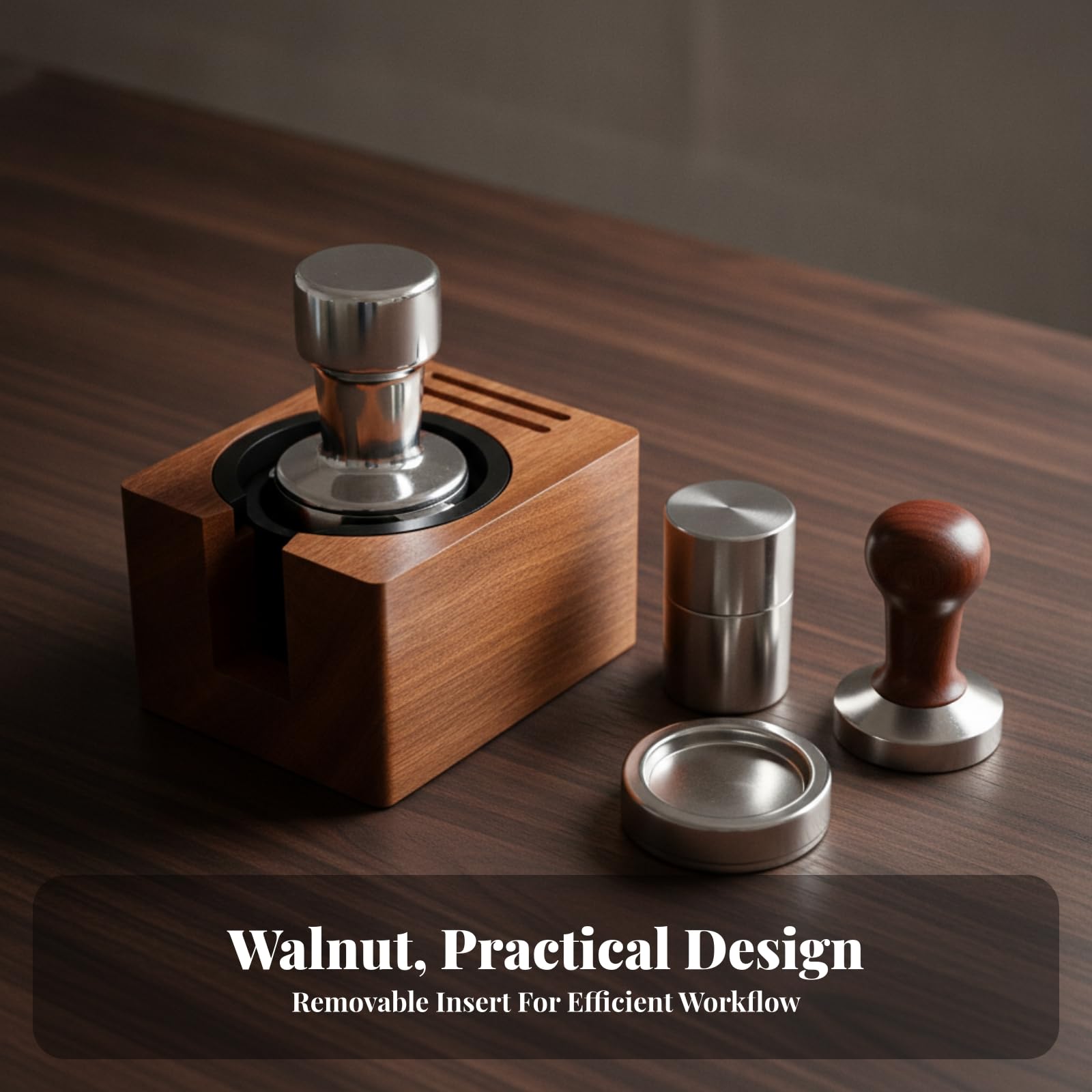 Base Tamper in Legno Regolabile Stazione di Pressatura Caffè Funzionale Organizer da Banco per Caffè Professionisti, Da 51 A 58mm, Con Secchiello Interno