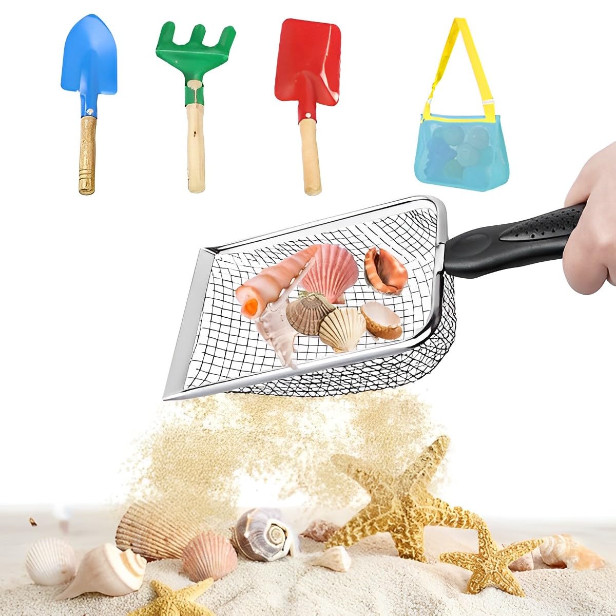 ALMEKAQUZ 5 Pack Beach Toys for Kids, Beach Mesh Shovel with Mesh Beach Bag and Beach Rake for Shell Collecting, Kids Filter Sand Scoop for Picking Up Shells, Sandbox Toys for Toddlers