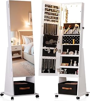 LUXFURNI 8 LEDs Rotating Jewelry Armoire with Mirror, 66" full Length Mirror with Jewelry Storage, lockable standing Mirror Jewelry Cabinet with 4 Wheels, 3 Color Modes Jewelry Organizer Mirror