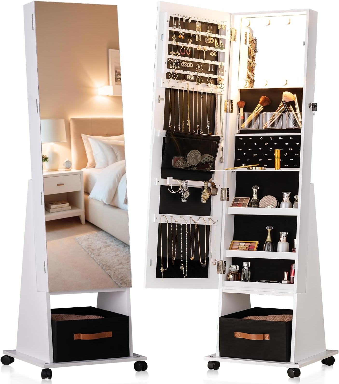 LUXFURNI 8 LEDs Rotating Jewelry Armoire with Mirror, 66" full Length Mirror with Jewelry Storage, lockable standing Mirror Jewelry Cabinet with 4 Wheels, 3 Color Modes Jewelry Organizer Mirror