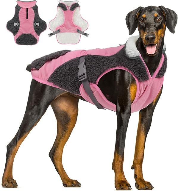 ALAGIRLS Dog Winter Jacket for Large Dogs, Fleece Dog Coats with Harness, Reflective Dog Jacket for Large Dogs, Windproof Adjustable Dog Coats, Pink XXL