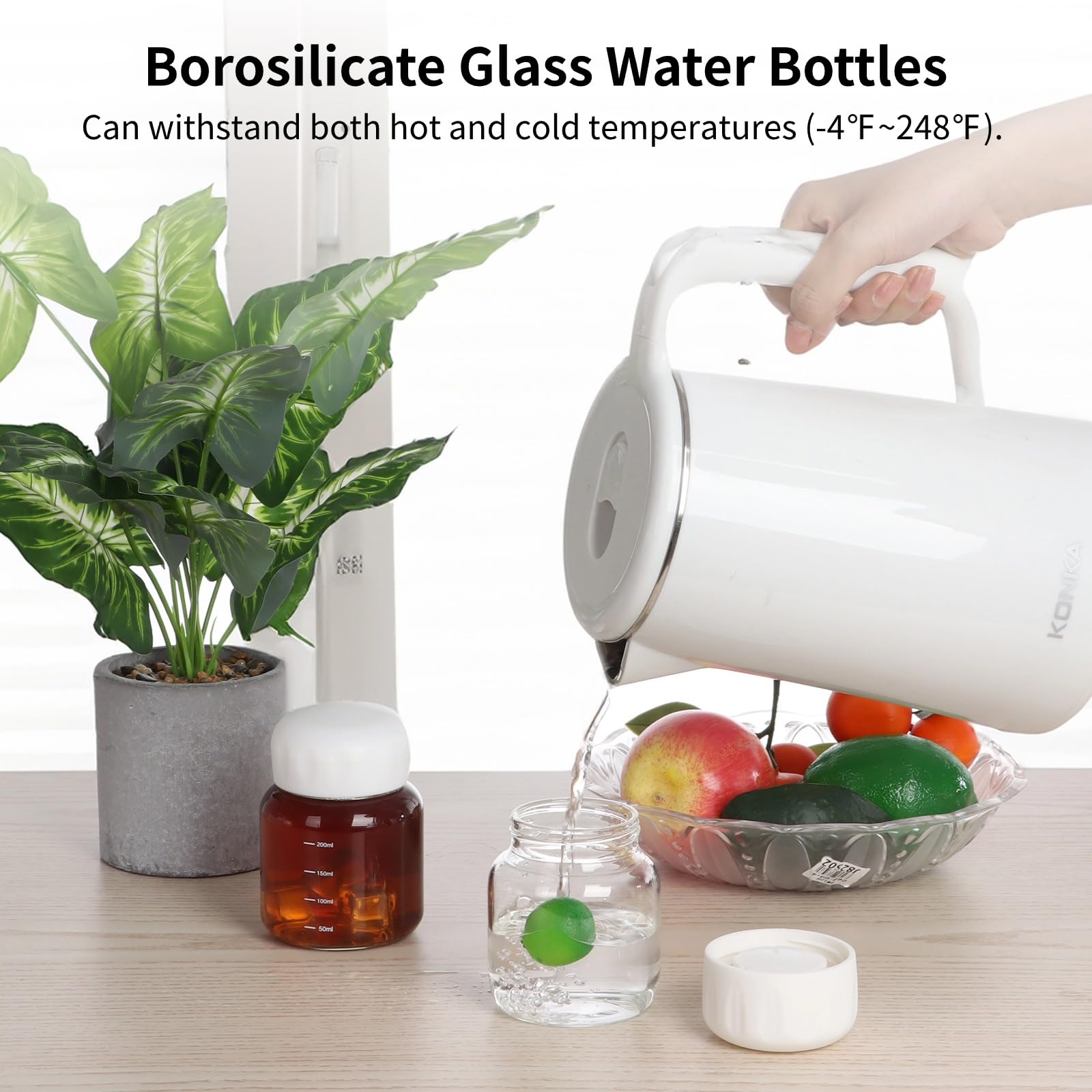 6 Stk. Glasflaschen, 300 ml klare Glasflaschen mit Skala, kleine auslaufsichere Saftflaschen mit Deckel, für Milch, Tee, Getränke, heiße und kalte Speisen