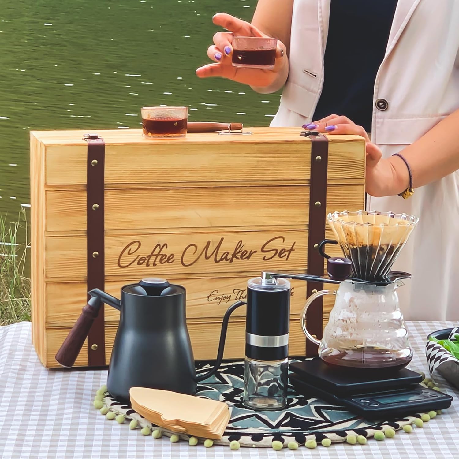 SOTECH Pour Over Manual Coffee Maker Set 2 Cup Coffee Dripper with Wooden Suitcase Coffee Kettle Scale Bean Grinder All In 1 Traveling Camping Hiking