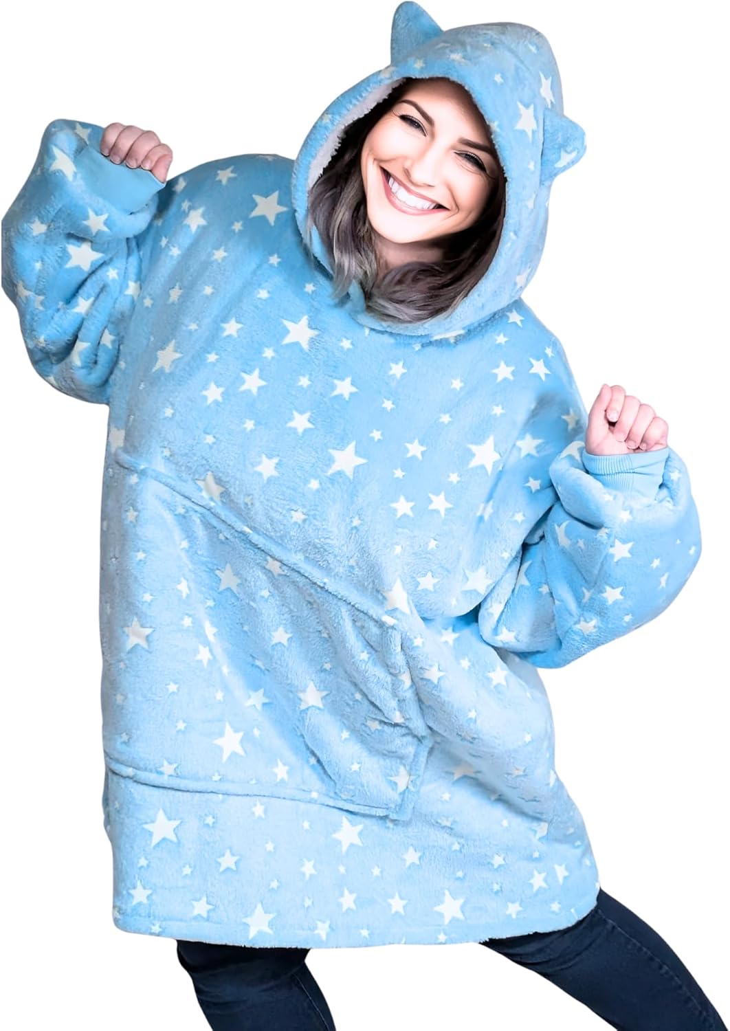 Glow-in-the-Dark Star Cat Ear Oversized Hoodie Blanket – Sherpa Lined, Ultra-Soft, Cozy One-Size Wearable Hoodie