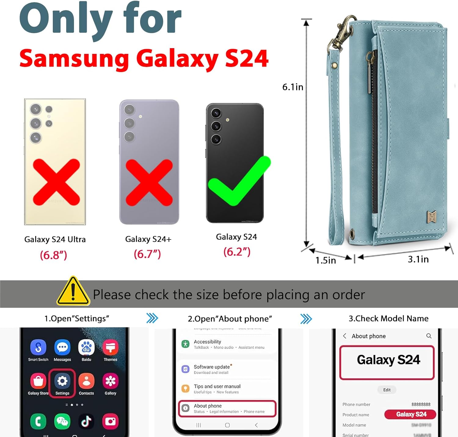 Wallet Case for Samsung Galaxy S24 with Card Holder/Crossbody Wallet/Strap| RFID Blocking | Magnetic | Kickstand | Detachable | PU Leather Phone Case for Galaxy S24,6.2 in,Blue