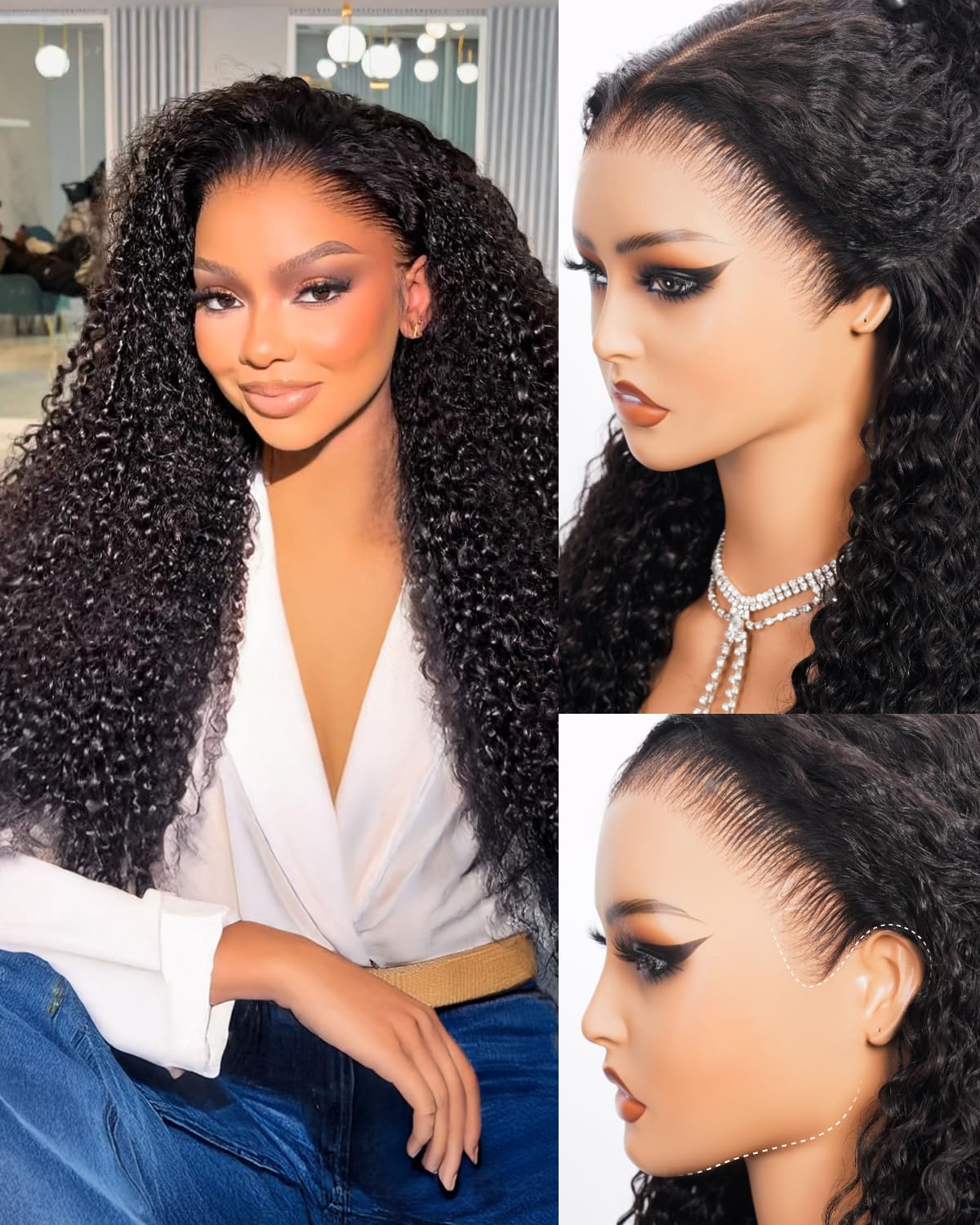 13x6 Glueless Wigs Human Hair Pre Plucked Pre Cut Ear-to-Ear HD Lace Front Curly Human Hair Wig 220% Density Frontal Deep Wave Drawstring Wig 22 Inch