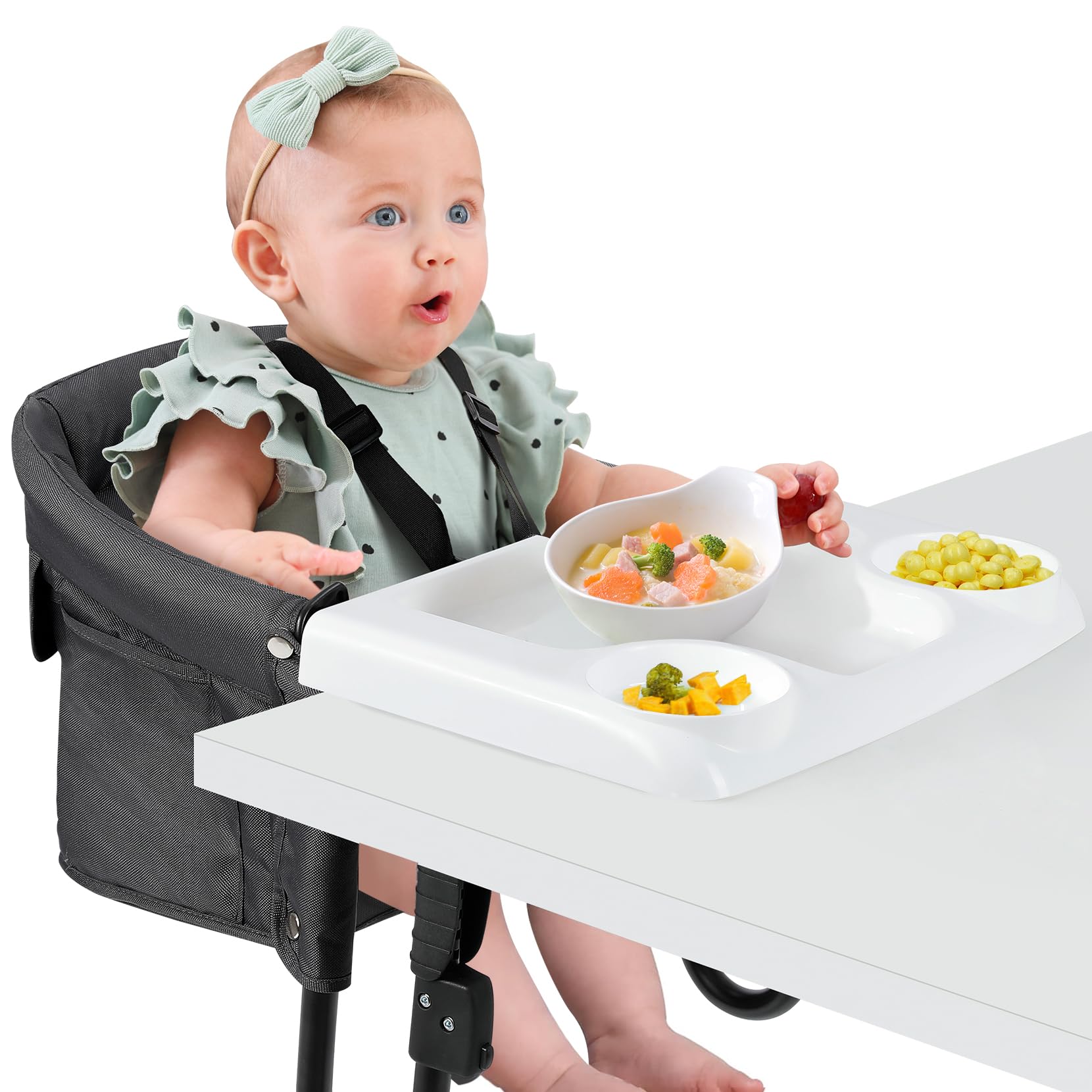 Ezebaby Seggiolone da Tavolo Pieghevole con Cintura di Sicurezza a 5 Ppunti e Borsa per il Trasporto di Spessore da 2,5 a 7,5 cm (Nero, con Vassoio)