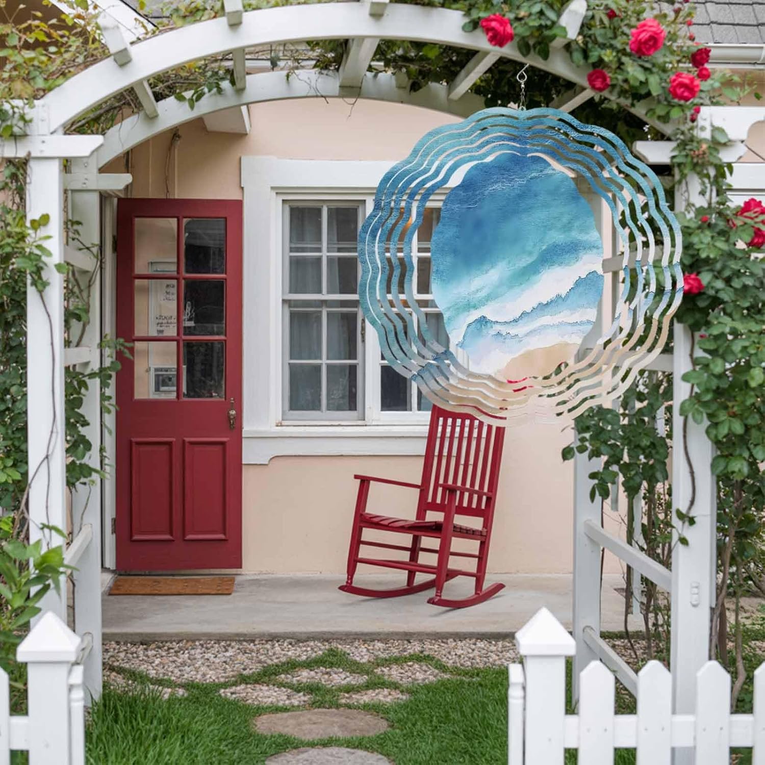 Abstract Beach Ocean Wind Spinner 12 Inch Blue Waves Watercolor Wind Spinners Outdoor 3D Stainless Steel Hanging Sculpture Decorations Gift for Garden Yard Porch Balcony