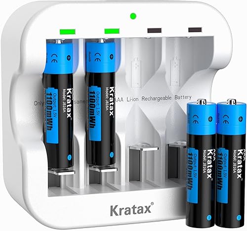 Miniatura 1 de Baterías de litio recargables AAA, paquete de 4 baterías Kratax de 1.5 V de 1100 mWh de iones de litio triple A con cargador de batería rápido,