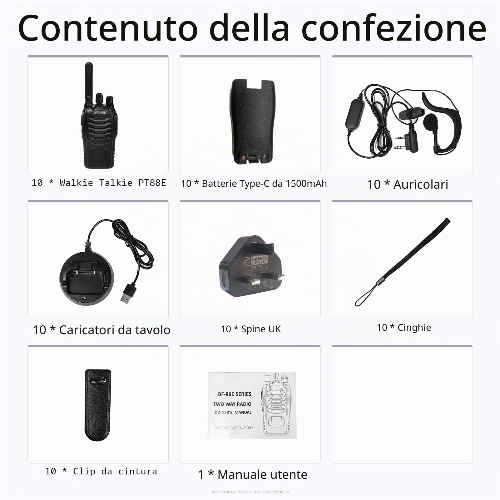 Walkie Talkie PMR446 Radio bidirezionale senza licenza, pofung PT88E 16 canali professionali ricaricabili a lungo raggio Walkie talkie con base di ricarica e auricolari (confezione da 10)