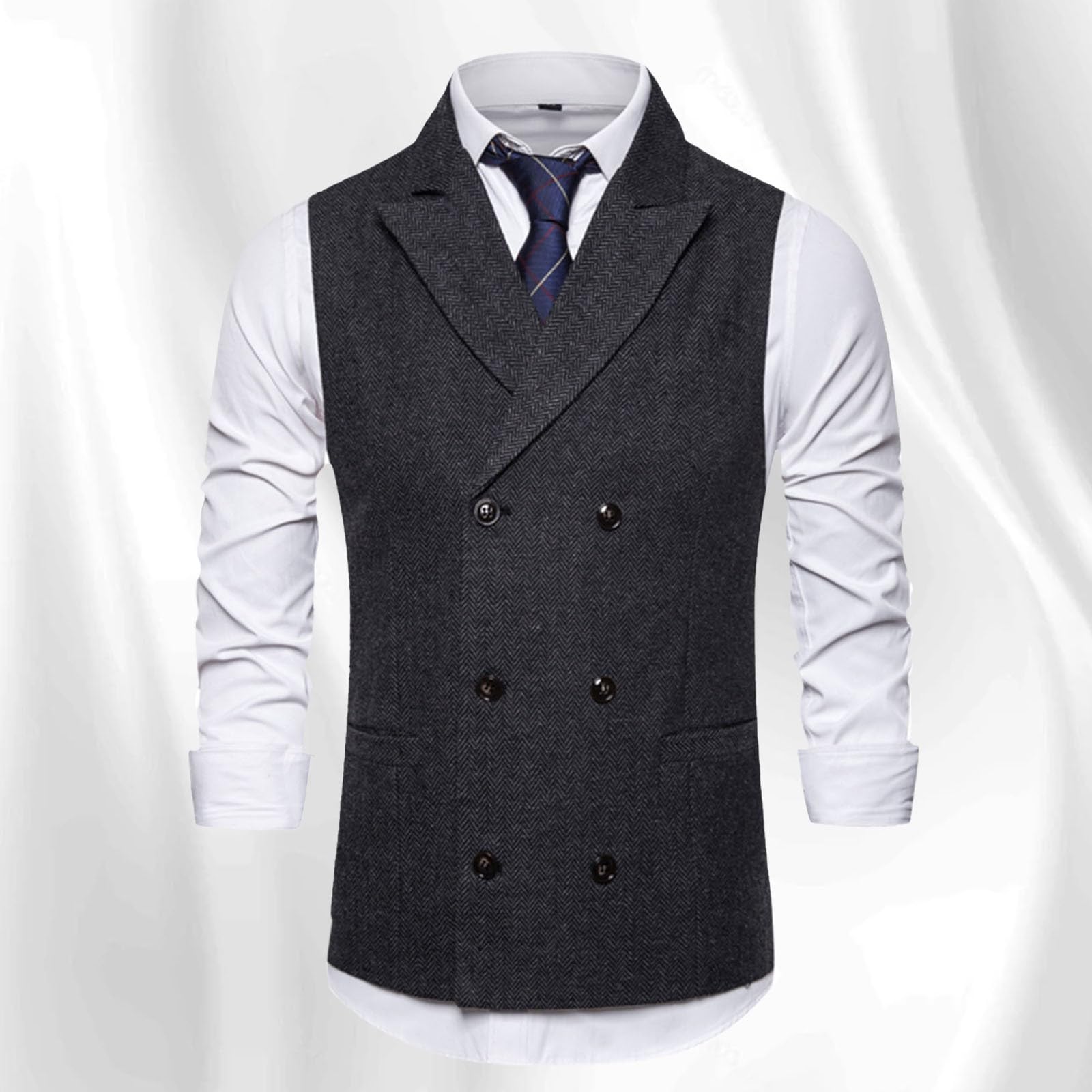 Gilet da uomo in tweed doppiopetto, slim fit, formale, senza maniche, con cinturino posteriore regolabile, design a spina di pesce, gilet in tessuto di alta qualità per occasioni eleganti casual e