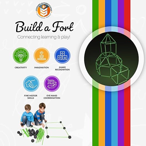Miniatura 4 de Tytan Tiles Glow in the Dark Fort Juego de construcción de 130 piezas, palos de fuerte, conectores de bola, juego creativo para interiores y