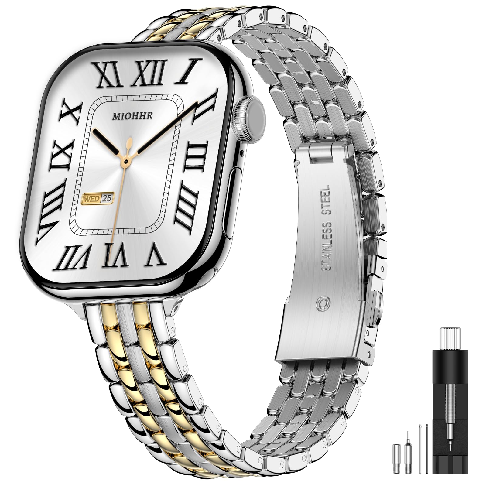 Photo 1 of MioHHR Slim Metal Bands Compatible with Apple Watch Bands for Women 38mm 40mm 41mm 42mm (Series 11 10), Stainless Steel Strap Bands for iWatch Series 11 10 9 8 7 6 5 4 3 2 1 SE3/2/1, Silver/Gold