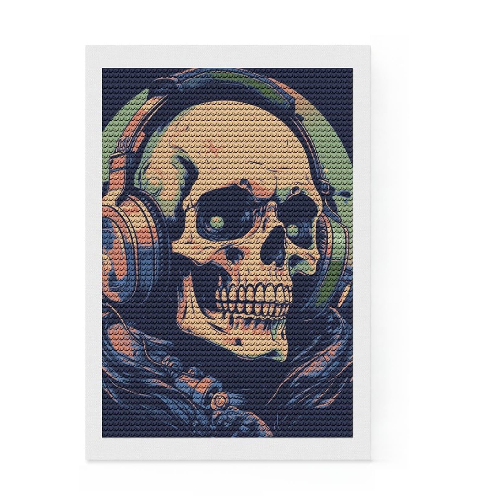 Junmoney Skull with Headphones Diamond Art Kit 8"x12", for Teens, Home Wall Decor, Easy to Enjoy, Holiday Gift Idea, Calming Craft to Unwind