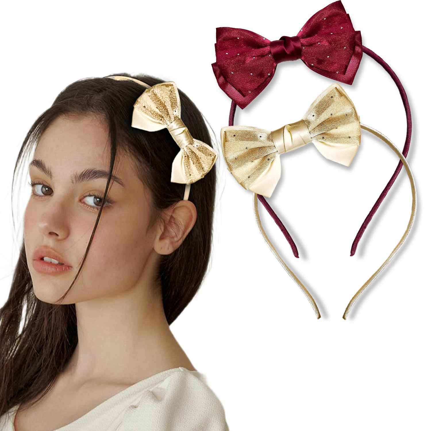 Girls Stylish Bow Headband Set | Satin Fabric Hairbands for Women & Kids | Hair Accessories Combo (Pack of 2) (Wine Red & Gold, Standard)-image-12