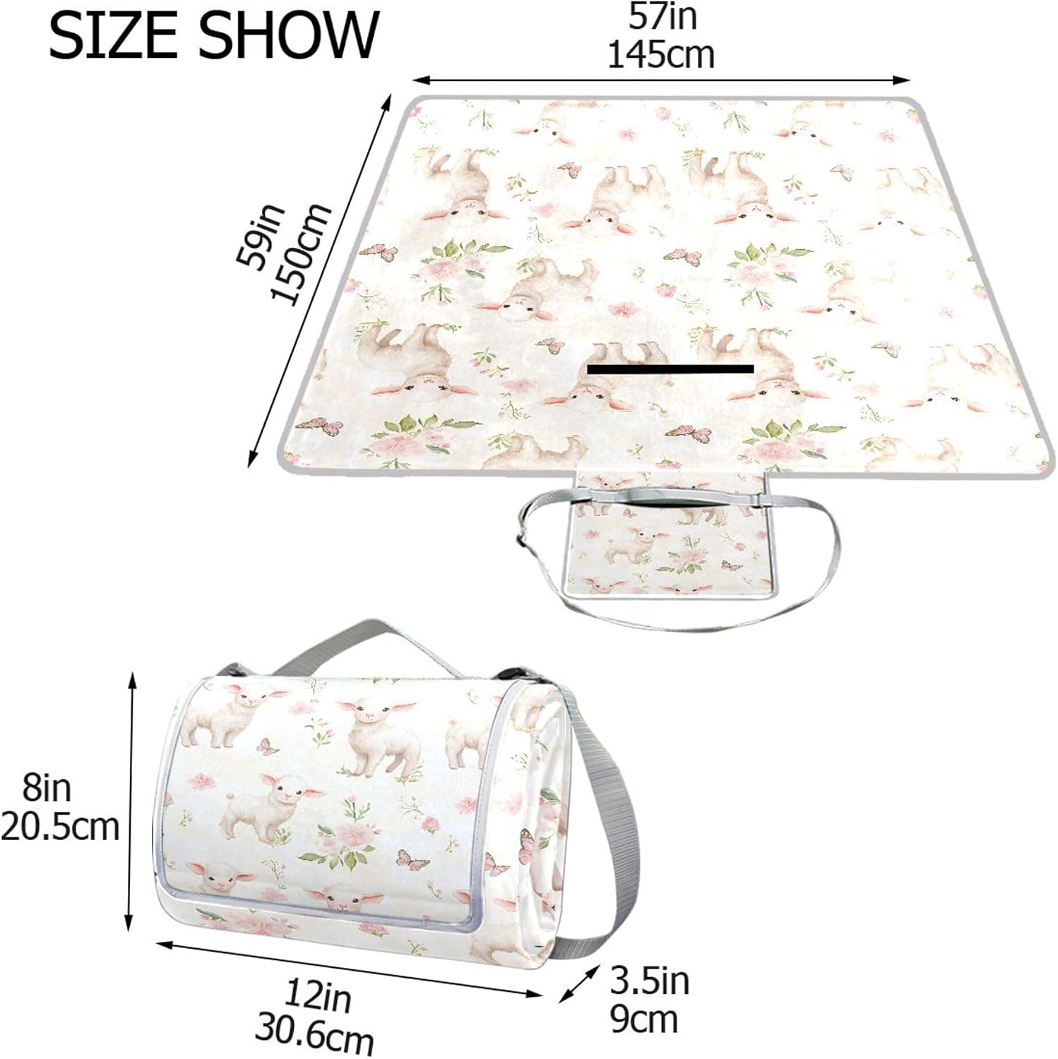 MNSRUU Picnic Blanket Waterproof Foldable, Sheep and Flowers Large Outdoor Picnic Beach Camping Blanket Travel Mat, Shoulder Strap Tote, Rectangle 57x59in