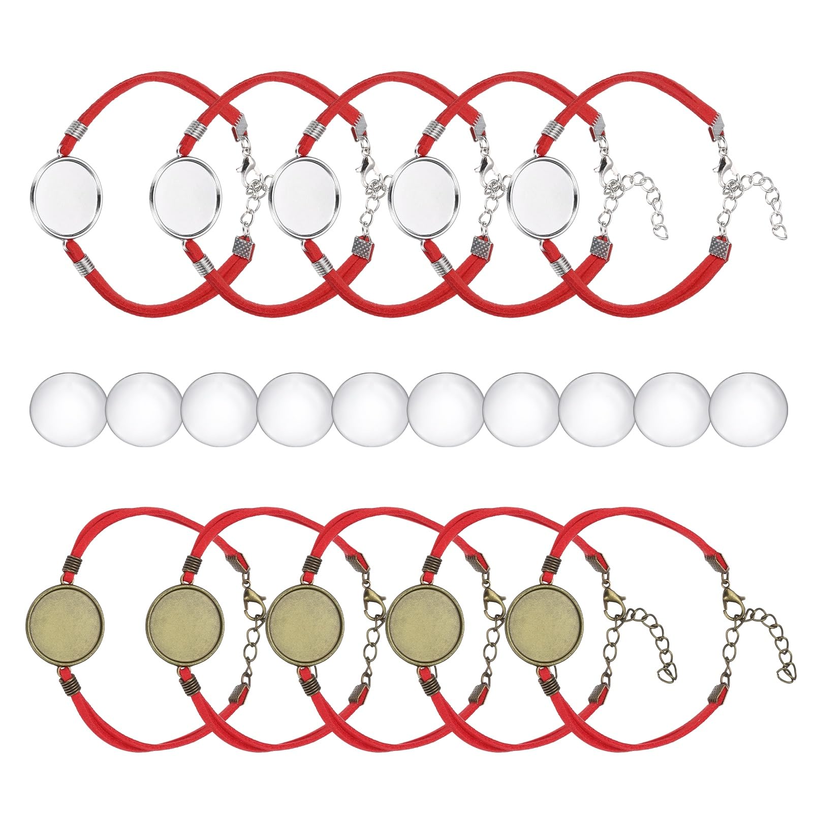 sourcing map Bracelet Blanks for Jewelry Making 10pcs 20mm Red/Silver, Red/Bronze Color Adjustable Alloy Round Bezel Tray Base Settings with 20mm Clear Glass Multi