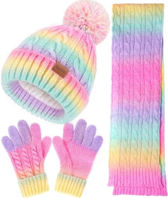 Remifa Kids Winter Hat Scarf Gloves Set, Girls Boys Toddler 8% Wool Warm Fleece Beanie Knit Neck Scarf Mittens Christmas Gift