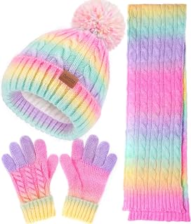 Kids Winter Hat Scarf Gloves Set, Girl Boy Toddler 8% Wool Warm Fleece Beanie Knit Neck Scarf Mittens Children Christmas Gift