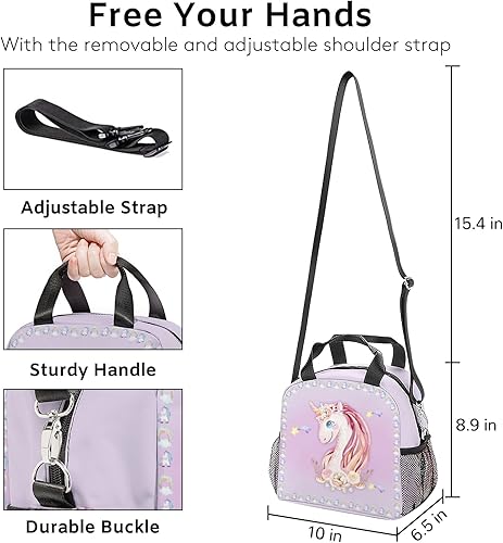 Miniatura 5 de Wuetduz Lonchera reutilizable de unicornio morado, bonita bolsa de almuerzo aislada para niños y niñas, a prueba de fugas, con correa ajustable para